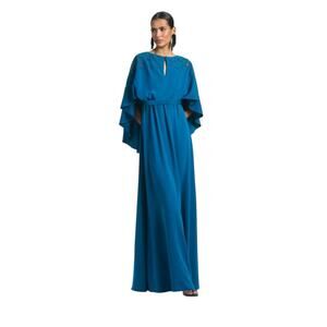 Sachin & Babi NEW Size 10 Moroccan Blue Crepe Embroidered Wren Cape Maxi Gown